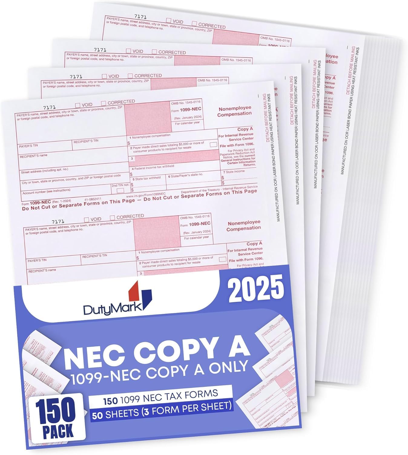 Photo 1 of 1099 NEC Copy A Income Forms, Federal Approved Lazer Tax Forms, Compatible with QuickBooks and Accounting Software, RED Copy A ONLY, 150 Pack (50 Sheets, 3 Forms Per Sheet)