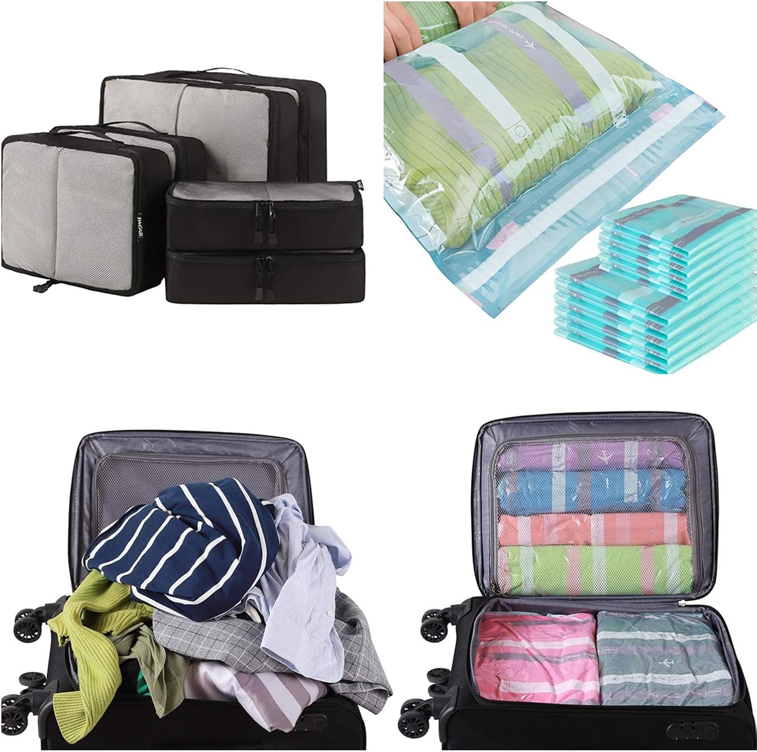 Bagail 6 Set Packing Cubes (Black Net) and RollUp travel