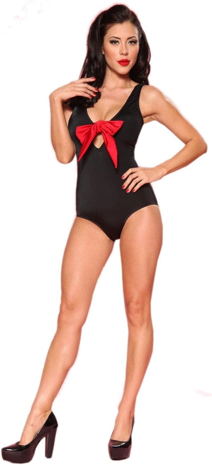 Bettie Page Pinup Swim Suit One Piece Vintage Style 50s Black Red Bow Clothing Swimsuits Cover Ups