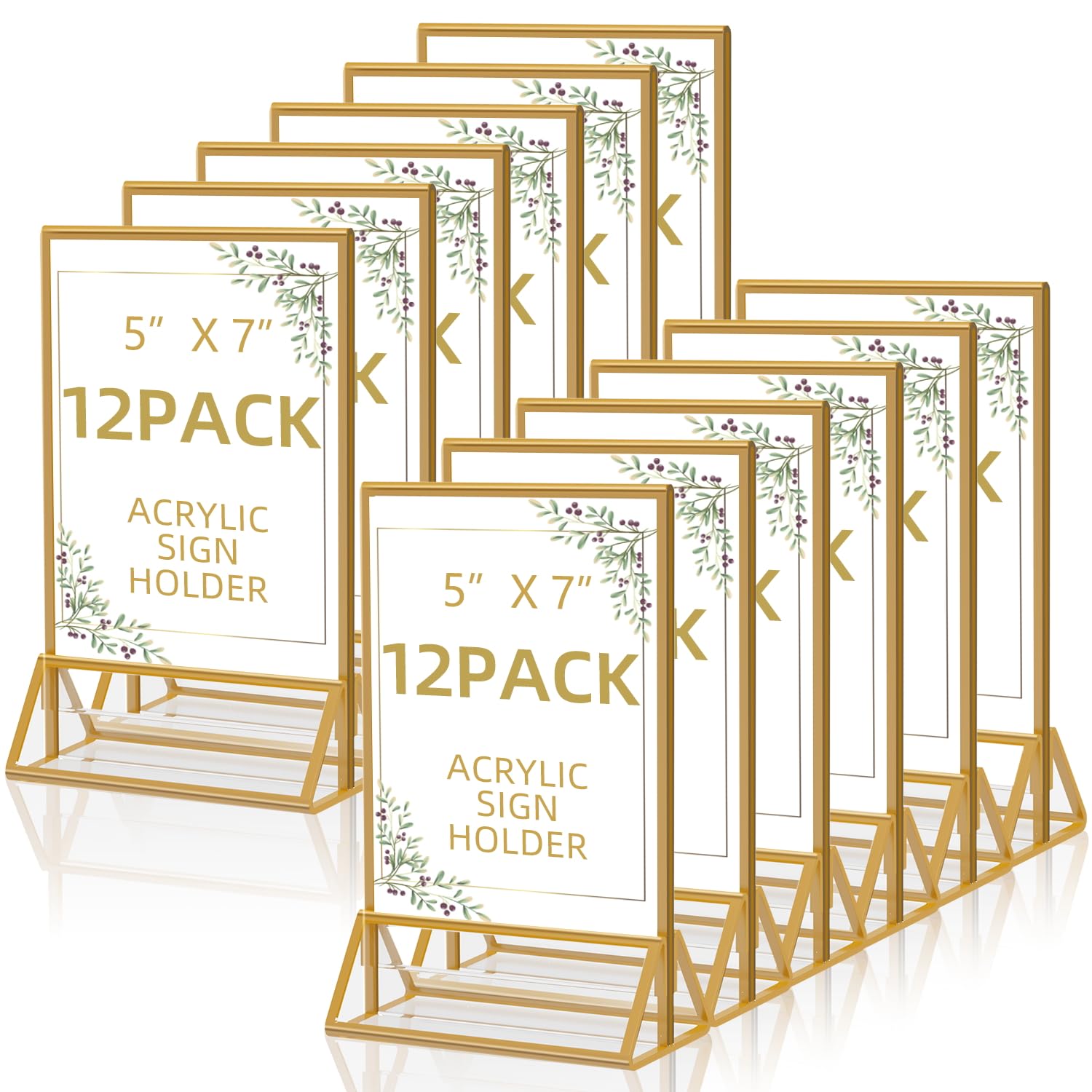 Photo 1 of PPH-Sisy 12 Pack Acrylic Sign Holder 5x7 Gold Frame Double Sided Display Stand, Clear Sign Holder Table Plastic Paper Holder, Acrylic Frames for Home Office Shop Photo Frames