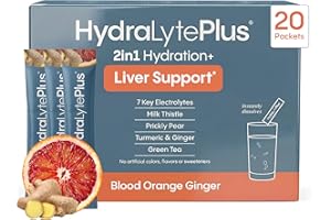 Hydralyte Liver Support + Electrolyte Mix with Milk Thistle, Turmeric, Ginger, Prickly Pear, Green Tea Extract Formulated for Rapid Rehydration (Blood Orange Ginger, 20 Packets)