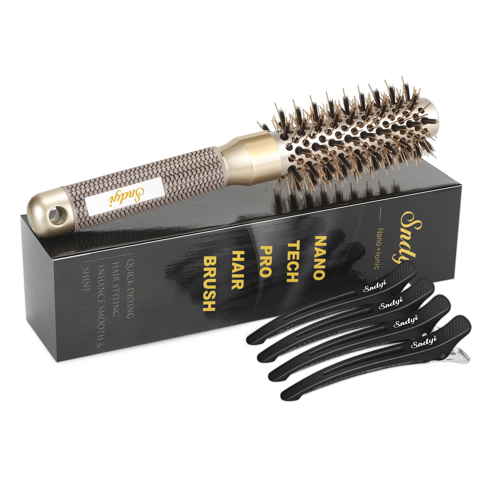 Sndyi Round Hair Brush, Nano Thermal Ceramic & Ionic Tech Hair Brush, Blow Dry Hair brush with Boar Bristles, Small Round Brush for Blow Drying, Styling, Curling and Straightening, 25mm