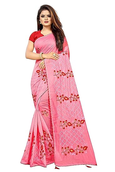 Womens Chanderi Cotton Blend Linen Embroided Style Saree with Blouse