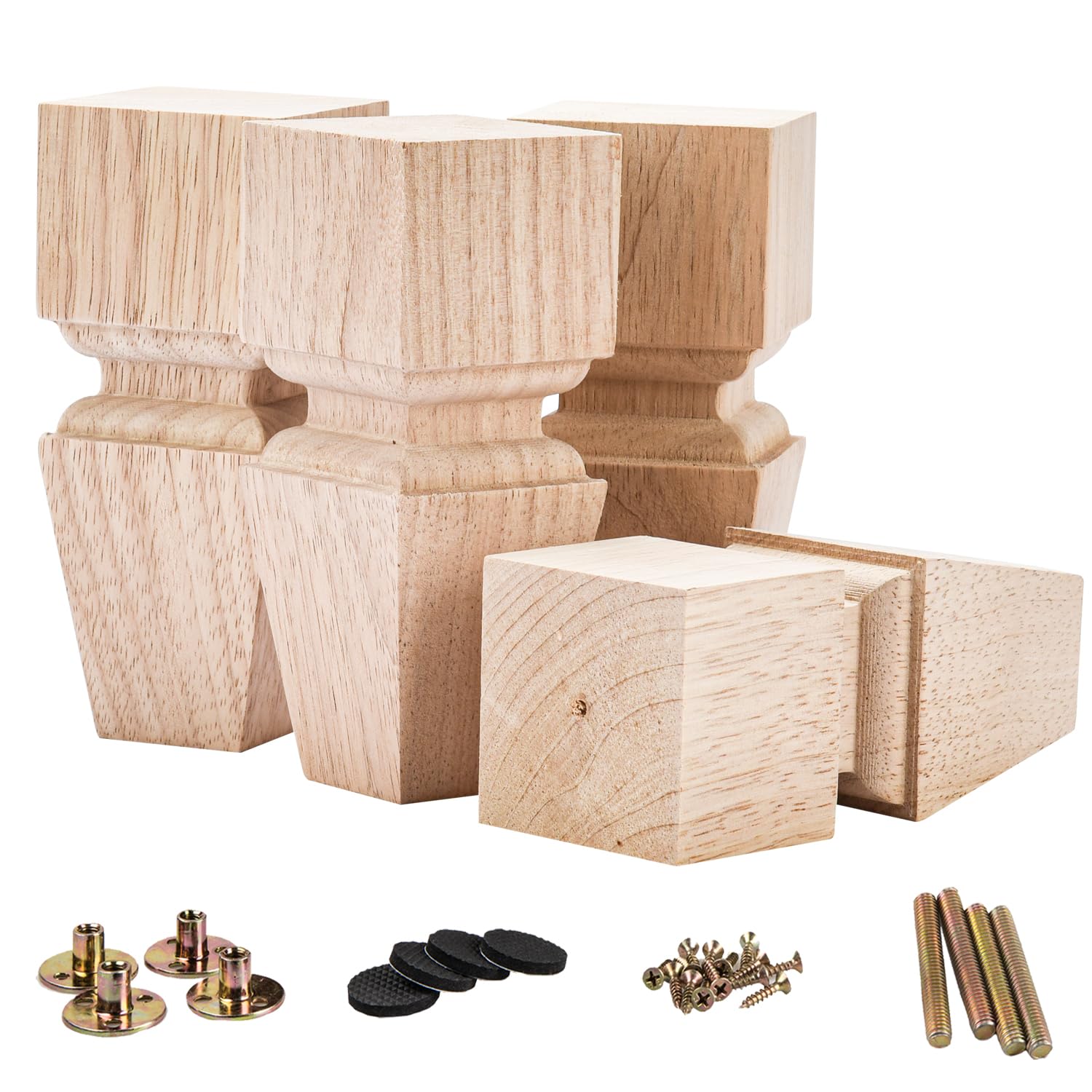 La Vane 6 inch / 15cm Wooden Furniture Legs, Set of 4 Solid Wood Carved Geometry Unfinished Replacement Bun Feet with Mounting Plate & Screws for Sofa Cabinet Couch Table TV Stand