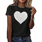 SweatyRocks Women's Heart Print Glitter Sequin T Shirts Casual Round Neck Short Sleeve Tee Tops