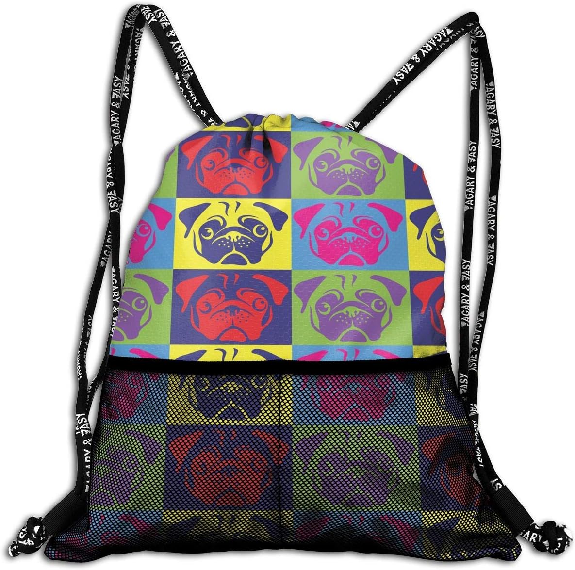 Personalized Colorful Pug Drawstring Sports Nackpack With Mesh Pocket Cinch Bags