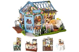 TuKIIE DIY Miniature Dollhouse Furniture Kit, 1:24 Scale Creative Room Wooden Doll House Accessories Plus Dust Proof & Music Movement for Kids Teens Adults(Rose Garden Tea House)