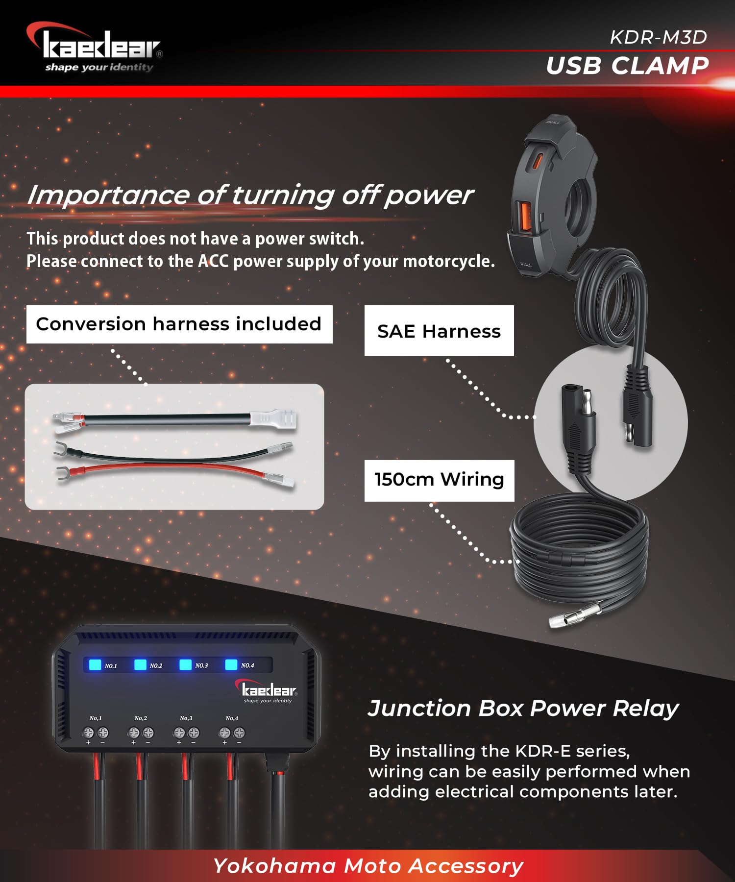 Motorcycle USB Clamp, Water Resistant, Fast-Charging, Type A, Type C, PD(30W)+QC3.0(18W), SAE DC 12V, KDR-M3D