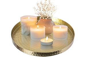 LBYNG 11 Inch Deluxe Gold Round Small Serving Tray, Deluxe Hammered Copper Decorative Tray,Circle Candle Plate, Aluminum Vanity Tray for Decor,Jewelry, Make up,Coffee and Perfume-Handcrafted in India