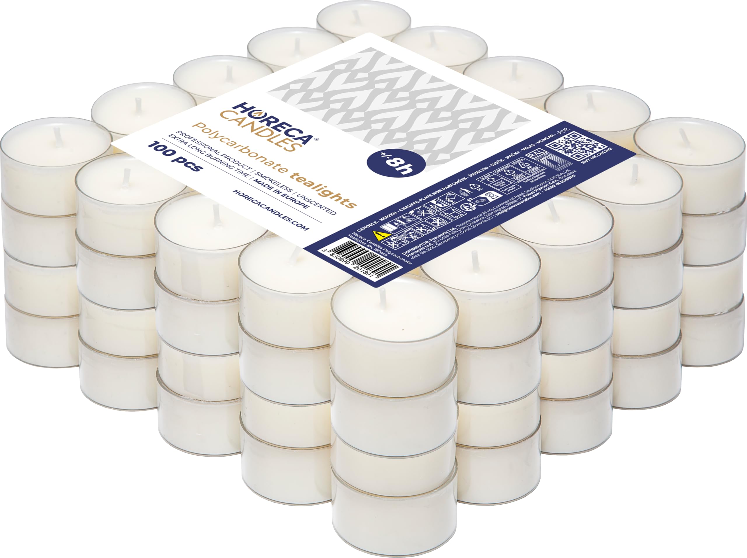 Horeca Candles - Tea Light Candles in Clear Cup 100 Pack - 8 Hours Burn Time - White Wax - Smokeless, Dripless, Unscented Candles Bulk