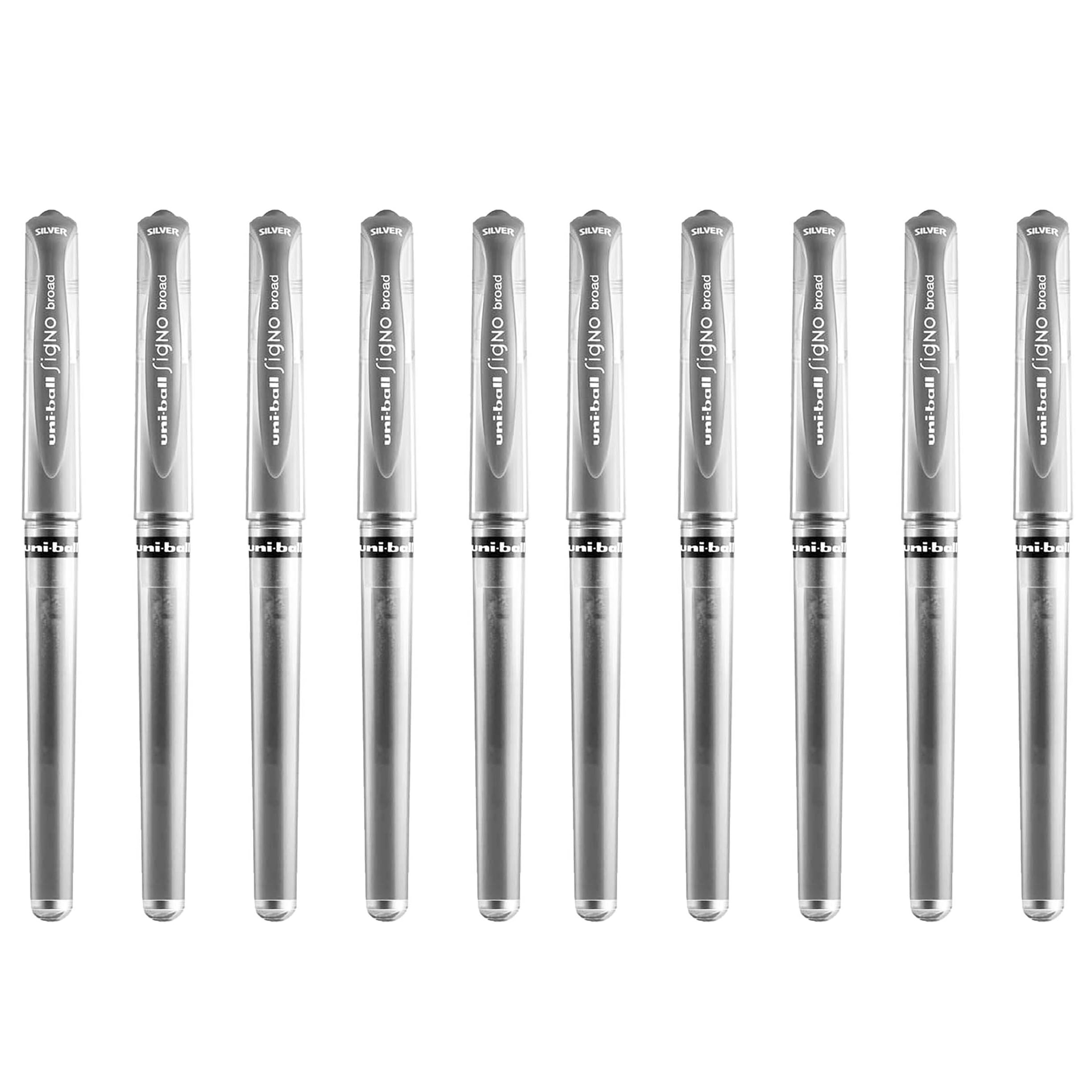 uni-ball Signo Pen Broad Metallic Gel Ink Rollerball - Metal 1mm Tip Nib 0.65mm Line Width With Rubber Grip - UM-153 - Silver - Pack of 10
