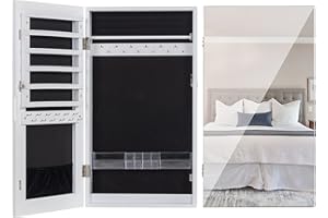 LAVIEVERT Lockable Jewelry Cabinet Armoire with Frameless Mirror, Wall/Door Mounted Space Saving Jewelry Display Organizer with Lipstick Compartments - White