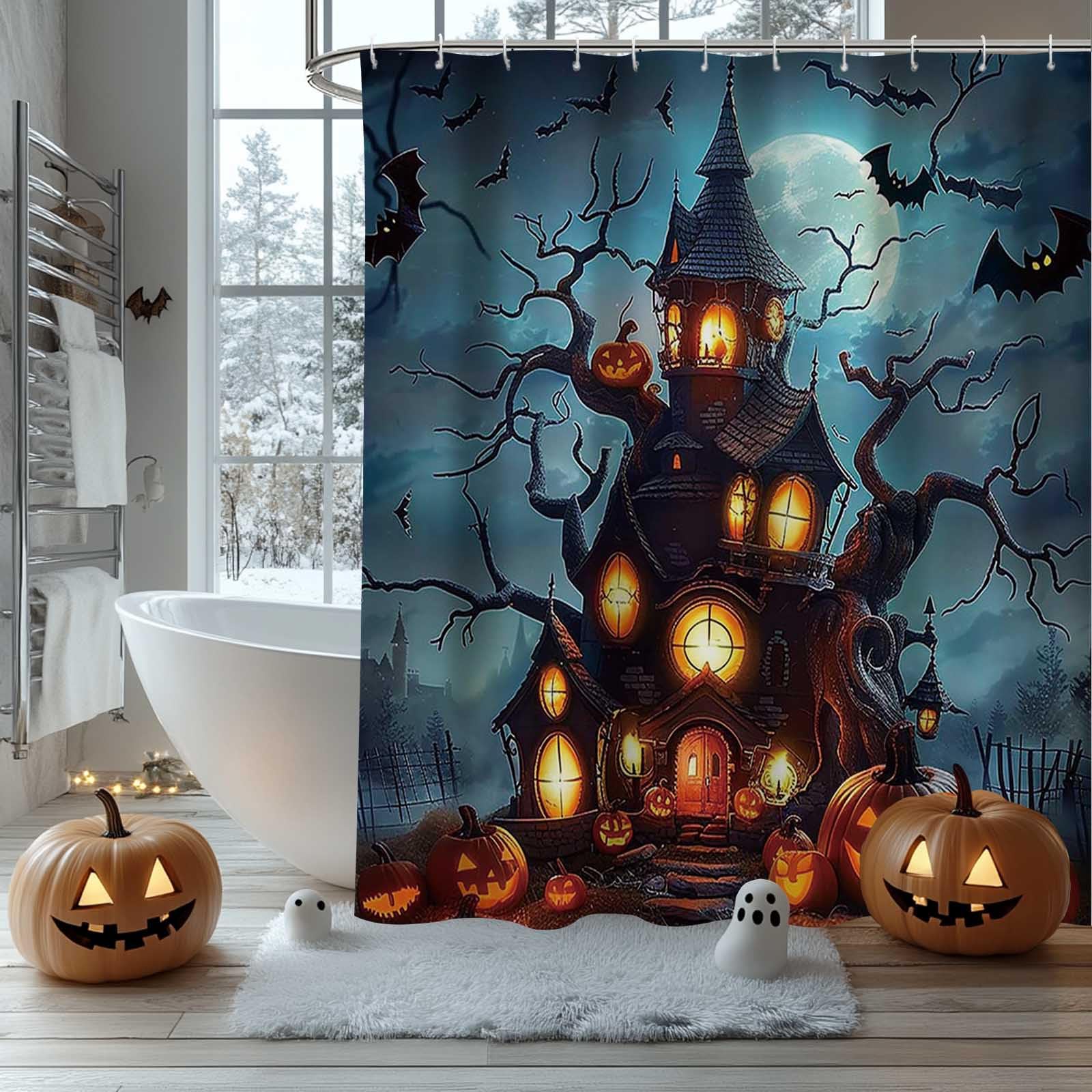 AIBIIN Halloween Shower Curtain Forest Castle Bat Pumpkins Bath Curtains Full Moon Night Horror Forest Pattern Shower Curtain for Bathroom Durable Polyester Material with 12 Hooks 180x180cm
