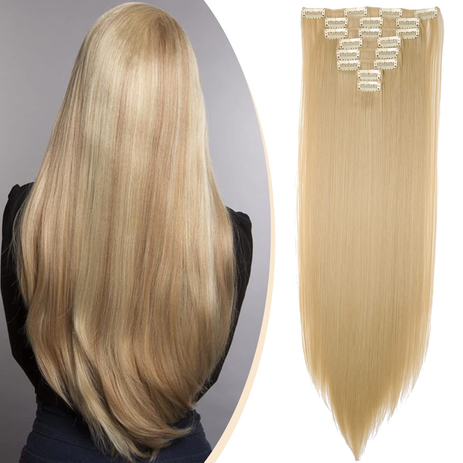 S-noilite 17-26 Inches(43-66cm) 8pcs Long Full Head Clip In Hair Extensions Extension Sexy Lady Fashion Choice 60 Colours (23 Inches-Straight, Golden mix bleach blonde)