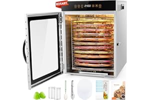 KWASYO Rotary Food Dehydrator Machine, 12 Trays ALL Stainless Steel, 1000W Dual fan 360°, 24H Adjustable Timer & 30-90℃ Tempe