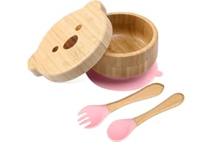 HI BABY MONMENT Baby Bowls with Lid,HBM Bamboo Suction Bowls for Baby and Spoon Set,3PC Feeding Supplies Set for Infant, Toddlers,Detachable Silicone Suction Stay Put Base for Wooden Bowl (Pink)