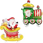 2 PACK Walking Christmas Balloons With Wheels, Christmas Foil Balloons Standing Mylar Balloon, Xmas Birthday Party Foil Balloon for Winter New Year Holiday Decorations (Santa Train + Santa Sleigh)