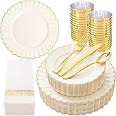 YOUBET 175PCS Ivory Scalloped Plastic Plates - Gold Disposable Dinnerware Set Include 50 Plates, 75 Gold Silverware, 25 Cups, 25 Napkins for Party & Wedding