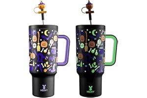 Meoky 40 oz Halloween Tumbler with Handle and Straw, Glow in the Dark Tumbler with Lid and Straw, Insulated Stainless Steel Travel Mug, 100% Leak-proof, Keeps Cold for 34 Hours (Haunted Pumpkin)