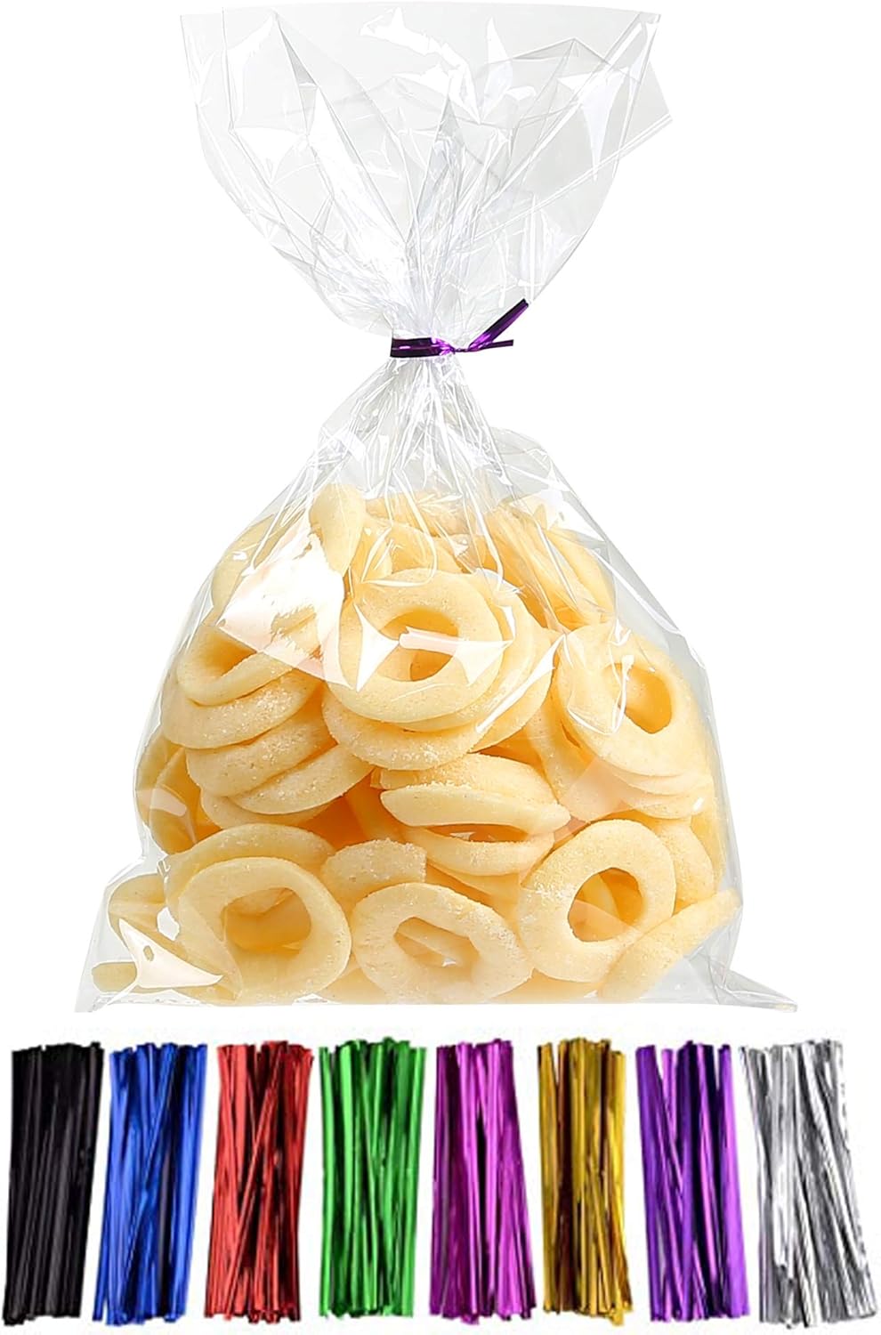 Laojbaba Cellophane Treat Bags Clear Candy Bags (6" x 8") with Twist Ties 5 Mix Colors, Candy Bread Chocolate Jelly Bags, Bakery Bags (100 pcs) (6" x 8")