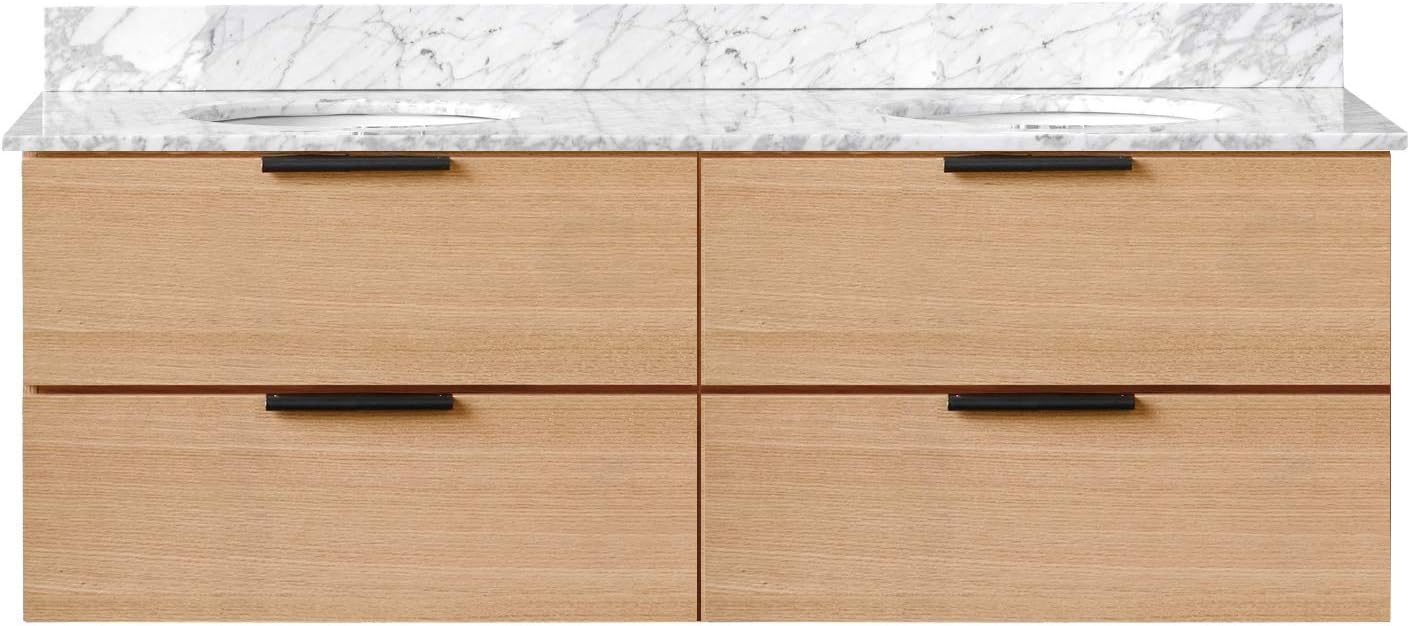Wilson 60-Inch Double Wall Mounted Bathroom Vanity, Carrara Marble Top, Two Undermount Ceramic Sinks (Natural)