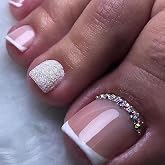 Press on Toenails French Tips Toe Nail Press ons Fake Toe Nails False Toenails with Designs Rhinestones Toe Press on Nails Stick on Toe nails for Women Manicure
