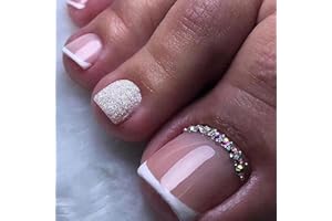 FJSMTOPL Press on Toenails French Tips Toe Nail Press ons Fake Toe Nails False Toenails Full Cover Acrylic Glue on Toe nails with Designs Rhinestones Toe Press on Nails Stick on Toe nails for Women Manicure