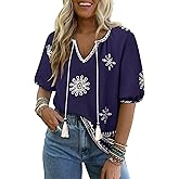 Summer Womens Spring Tops for Women Casual V Neck Half Short Sleeve Boho Blouses Shirts Flowy Vacation Clothes
