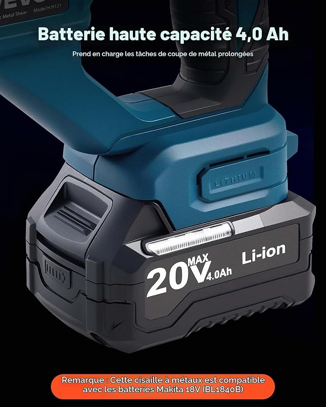 Cisaille à Tôle Électrique, 20 V CC, Cisaille à Métaux sans Fil avec Tête Pivotante 360°, Double Lame, pour Acier Galvanisé 1,22 mm, Acier Inoxydable 1 mm, Aluminium, Plastique, Carton, 2800 SPM