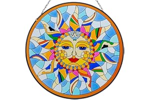 VEWOGARDEN 12" Round Sun Face Stained Glass Window Hangings Colorful Sun Suncatcher Panel with Chain Window Hanging Decor Gift for Mom, Grandma, Wife, Sister, Friend