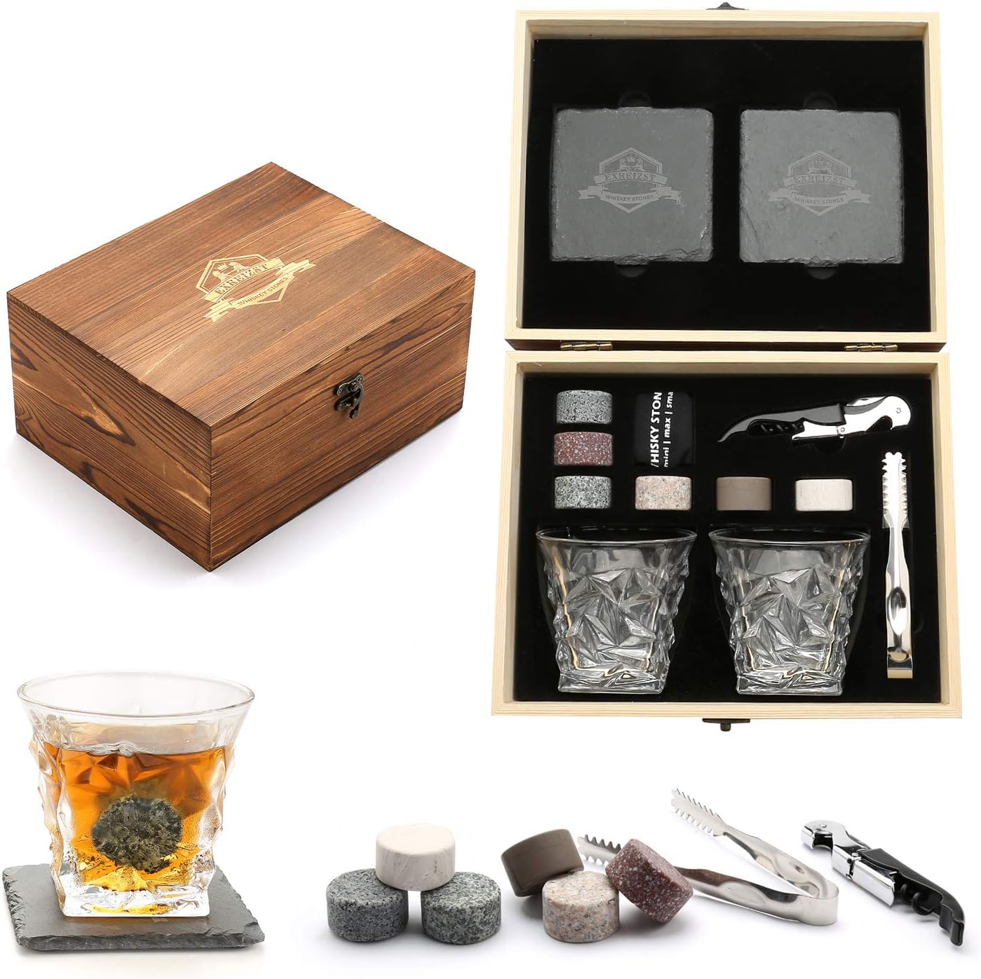 Large Whisky Stones and Glasses Gift Set,Whisky Rocks Chilling Stones in Handmade Wooden Box-Cool Drinks Without Dilution-Whisky Glasses Set of 2,Six Big stones,Gift for Dad,Husband,Men