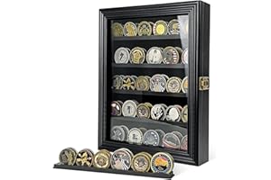 ASmileIndeep Military Challenge Coin Display Case Holder with HD Toughened Glass and Wall Mount, Wooden Coin Stand Rack with Removable 2 Grooves Shelves for Poker Chips Collectibles, Black…