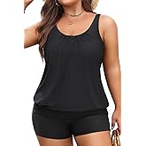 Yonique Plus Size Blouson Tankini Two Piece Bathing Suit with Swim Shorts | Removable pads to shape chest, Hide midsection via draped fabric, Boycut hems to allow active play