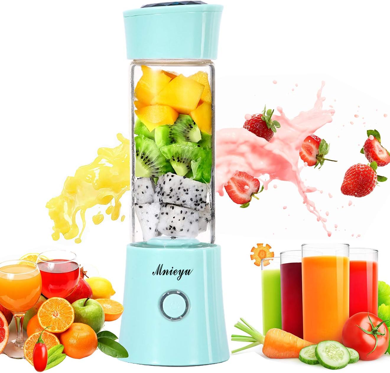 MNIEYU【 Newest】Portable Blender, Personal Glass Smoothie Fruit Mixer Juicer Cup,USB Rechargeable Multifunctional Travel Blender for Shakes and Smoothies,with 4000mAh Rechargeable Battery,Stainless Steel 6-Blade and Detachable Cup (blue)