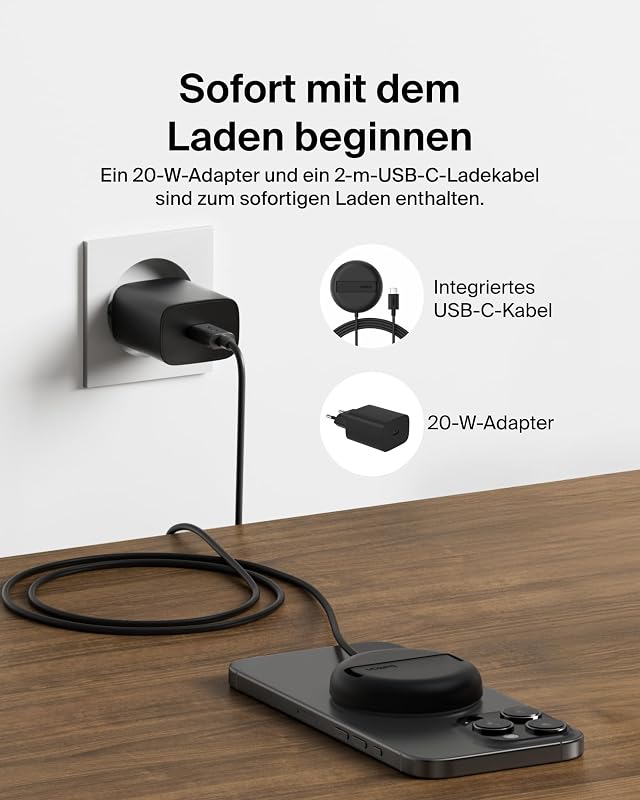 Magnetisches Kabelloses Ladegerät (15W) mit Ständer – zertifiziertes MagSafe Ladegerät, Qi2 Ladestation für iPhone 16, 15, 14, Samsung Galaxy S25, S24, AirPods usw. (mit Netzteil) – Schwarz