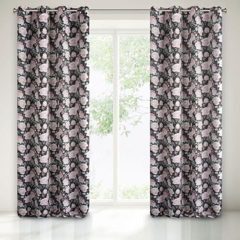 Eurofirany Bellis Blackout Curtain with Eyelets Flower Pattern Trendy Elegant Bedroom Living Room Graphite + Pink 135 x 250 cm