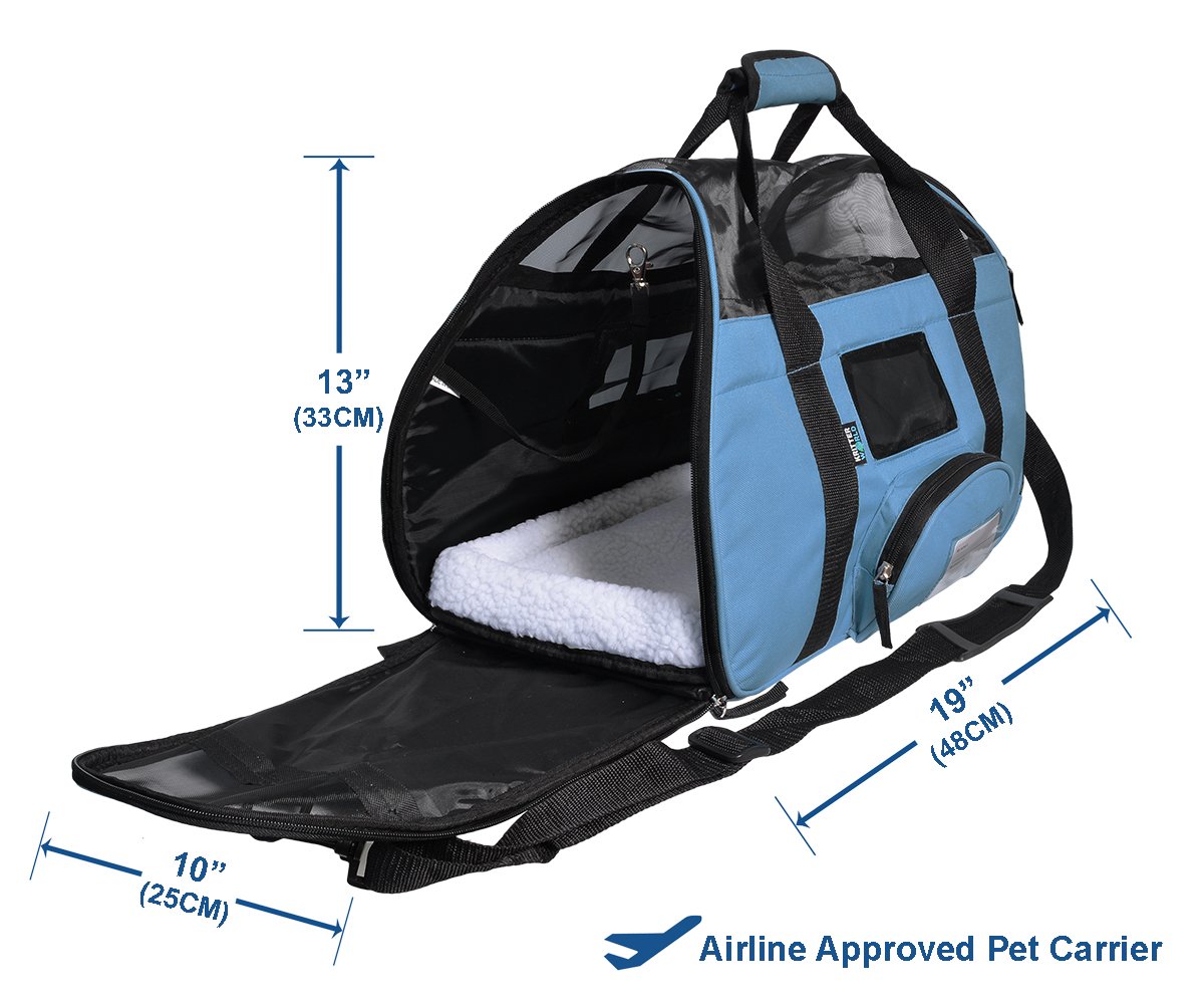 KritterWorld Soft Sided Pet Travel Carrier for Small Dogs and Cats Puppy Small Animals Airline Approved | Removable Sherpa Lining Bed, Built-in Collar Buckle, Lost & Found Tag Included by Blue