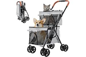 LPOTIUS Double Pet Stroller for Dogs and Cats, One-Hand Folding Dog Stroller Travel Carriage for Small Medium Dogs Cats, 4 Wheels, Gray