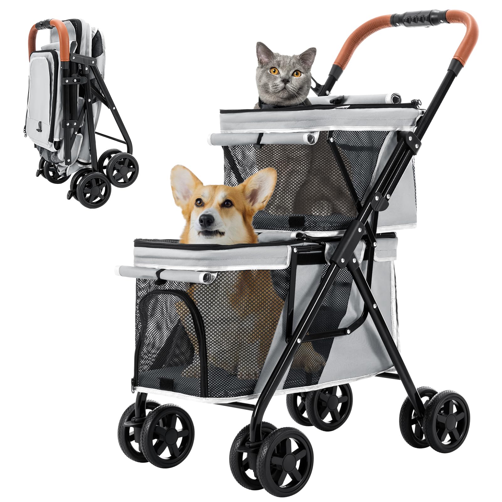 Photo 1 of (USED/FAIR) (SIGNS OF USE) LPOTIUS Double Pet Stroller for Dogs and Cats, One-Hand Folding Dog Stroller Travel Carriage for Small Medium Dogs Cats, 4 Wheels, Gray