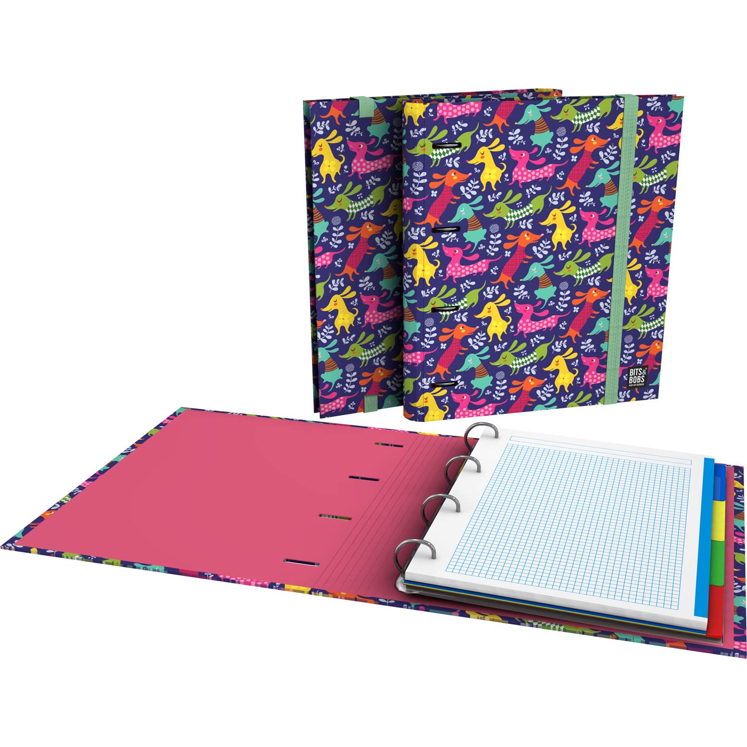 Grafoplás | Ring Binder with A4 Refill | Includes 100 Grid 5x5 Sheets | Dividers | Transparent Envelope | Bits & Bobs Pop Up Design | Dogs Party | Carpebook | FSC