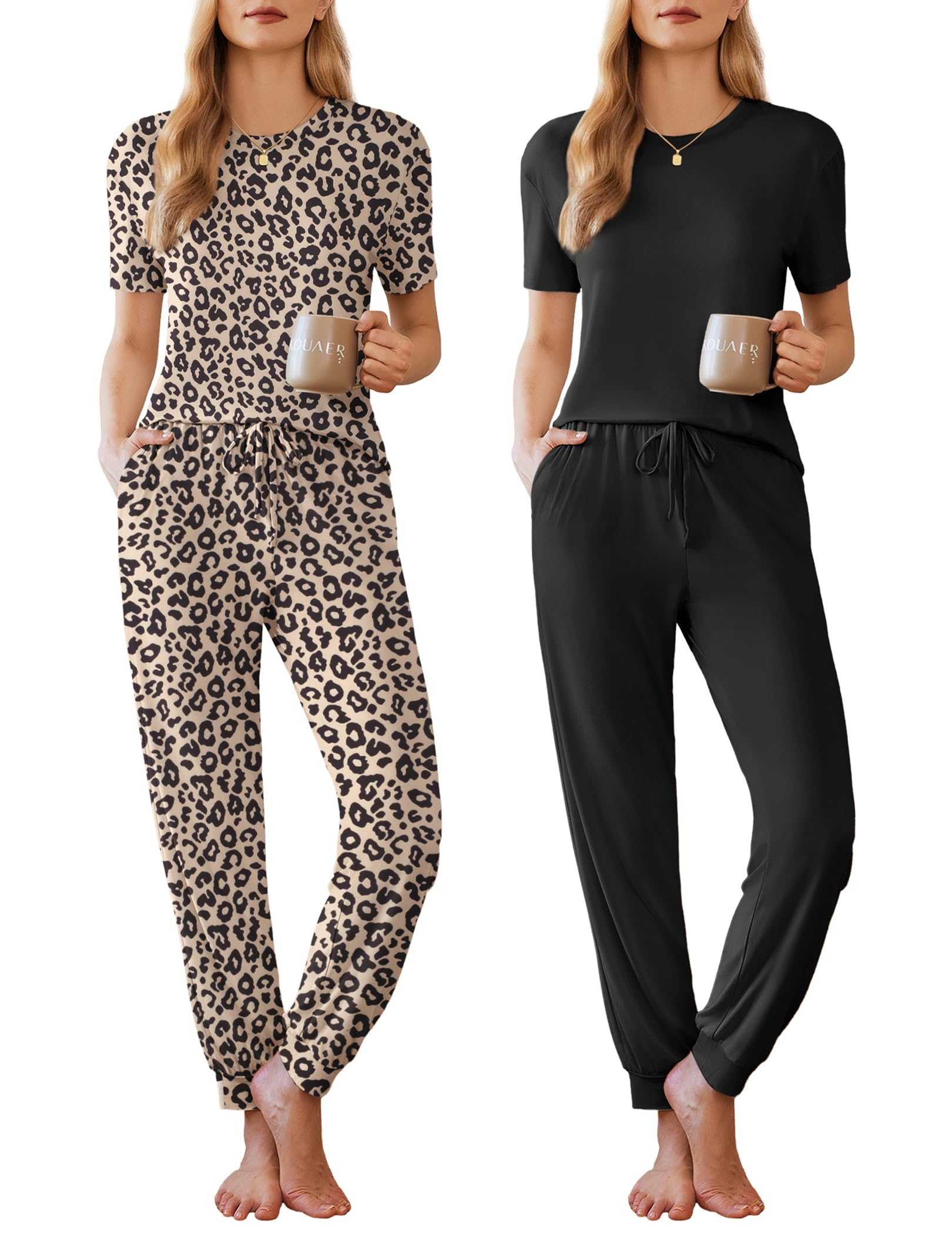Photo 1 of ***(PARTIAL SET/ MISSING BLACK SET)***Ekouaer 2 Pack Womens Pajama Sets Short Sleeve Tops Jogger Pants Lounge Sets Soft Loungewear Printed Pj with Pockets