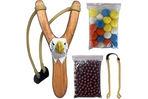 LINJAY Wooden Eagle Slingshot with 20 Pom Poms and Clay Balls, Handmade Carved Design, Indoor Outdoor Games for Kids, 7.3 x 3.54 Inch