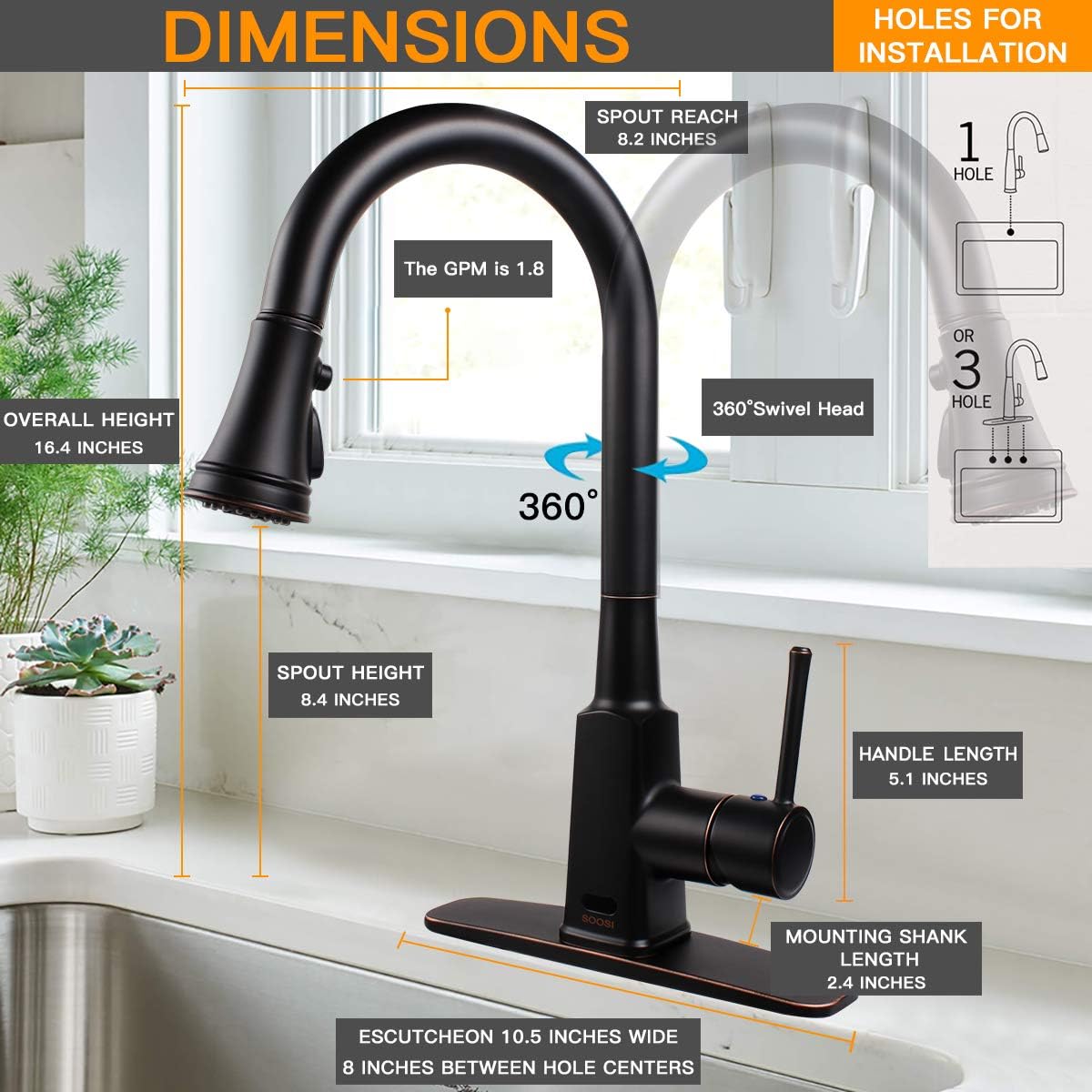 Touchless Kitchen Faucet, Soosi Motion Sensor Single Handle Automatic Kitchen Faucets One/3 Hole3 Setting Sprayer Oil Rubber Bronze Kitchen Faucets with Pull Down Sprayer Spot Free Stainless Steel - - 