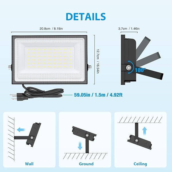 MELOGHT 110W FLOOD LIGHTS OUTDOOR, LED WORK LIGHT WITH PLUG, DAYLIGHT WHITE 6500K LED FLOOD LIGHT, IP66 WATERPROOF EXTERIOR SECURITY LIGHTS FOR YARD GARAGE STADIUM 4 PACK