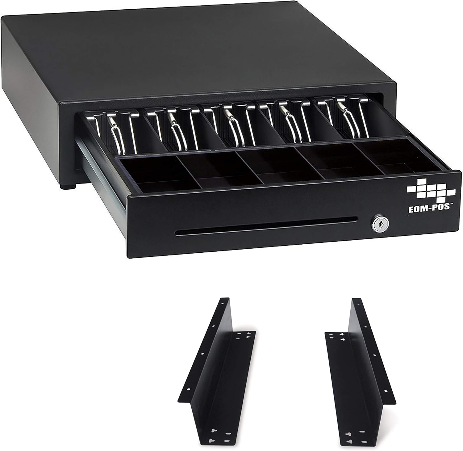 EOM-POS Cash Register Money Drawer + Mounting Brackets for Under Counter Installation. Built in Cable to Connect to Printer. Compatible with Square Stand [Receipt Printer Required](Printer Driven)