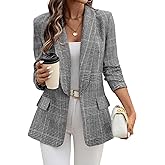 ELLEVEN Women's Shawl Collar Plaid Boyfriend Blazer,Business Casual Open Front Houndstooth Work Office Suit Jackets