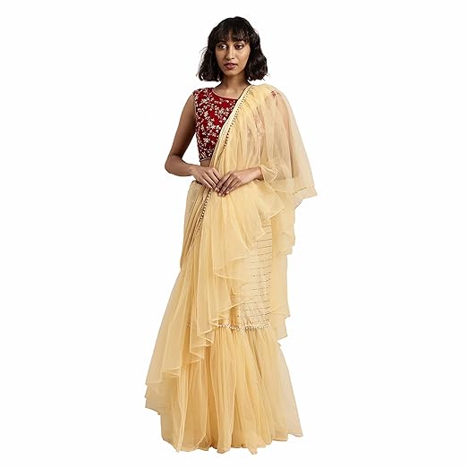 Womanista net with Blouse Piece Saree (TI1136_Beige_Free Size)