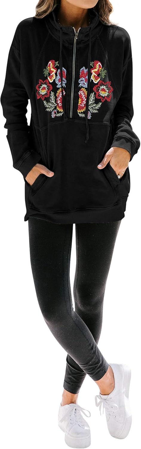 MYMORE Women's Floral Embroidery Shirt Drawstring Half Zip Up Long Sleeve Pullover Sweatshirt Top with Pockets at  Women’s Clothing store