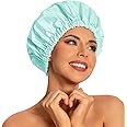 Reusable Shower Cap for Women, Large Waterproof Shower Essentials Bonnet Washable Elastic Band Bath Hair Wrap Hat for Long Hair, Braids(Mint Green)
