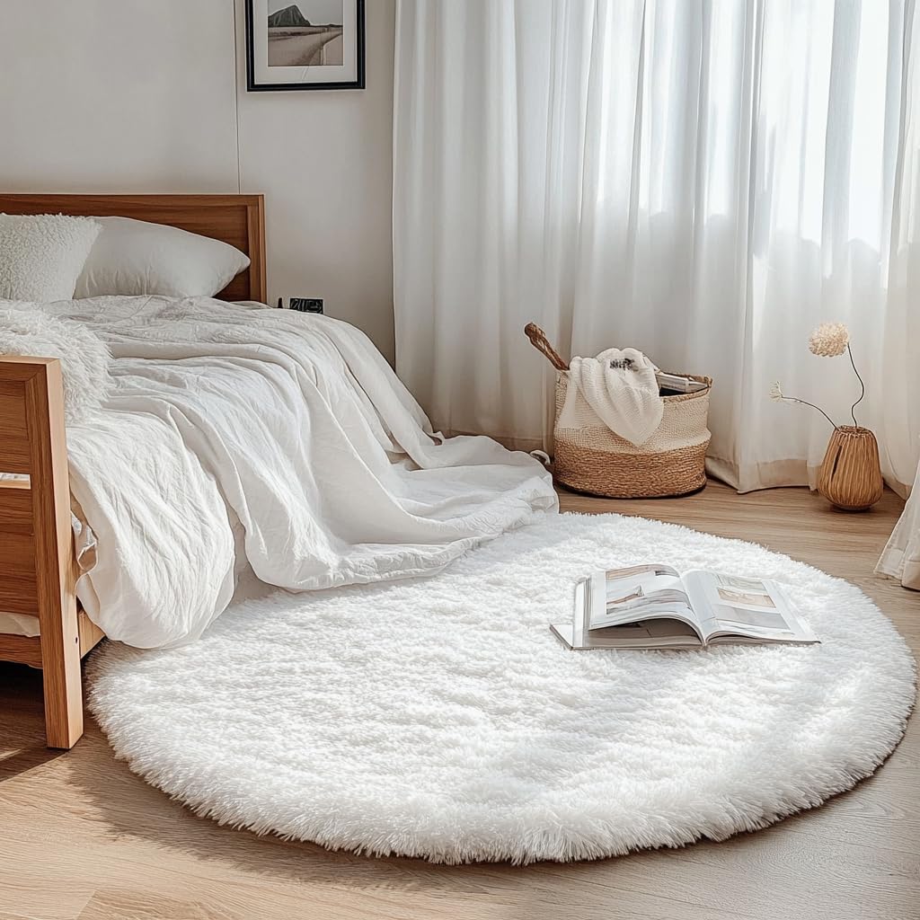 Tenekee Round Rugs for Bedrooms Fluffy Living Room Circle Area Rug Soft Shaggy Carpet for Kids Room Floor Mat(White, 120cm)